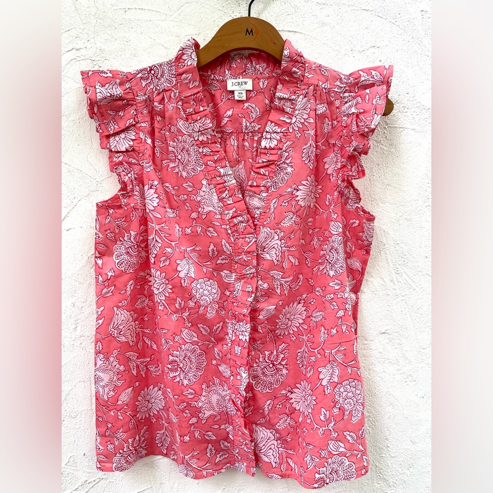J. Crew Pink Sleeveless Ruffled Blouse / Salmon Pink Floral Blockprint Size XS/S - Picture 4 of 6